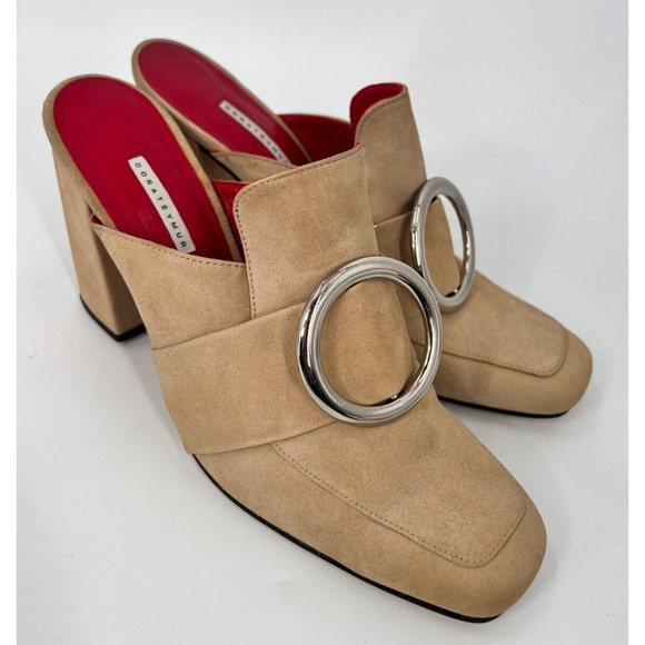 DORATEYMUR Munise Designer Beige Suede Mules Pumps Block Heel EU 41 / US 11 - Picture 2 of 11